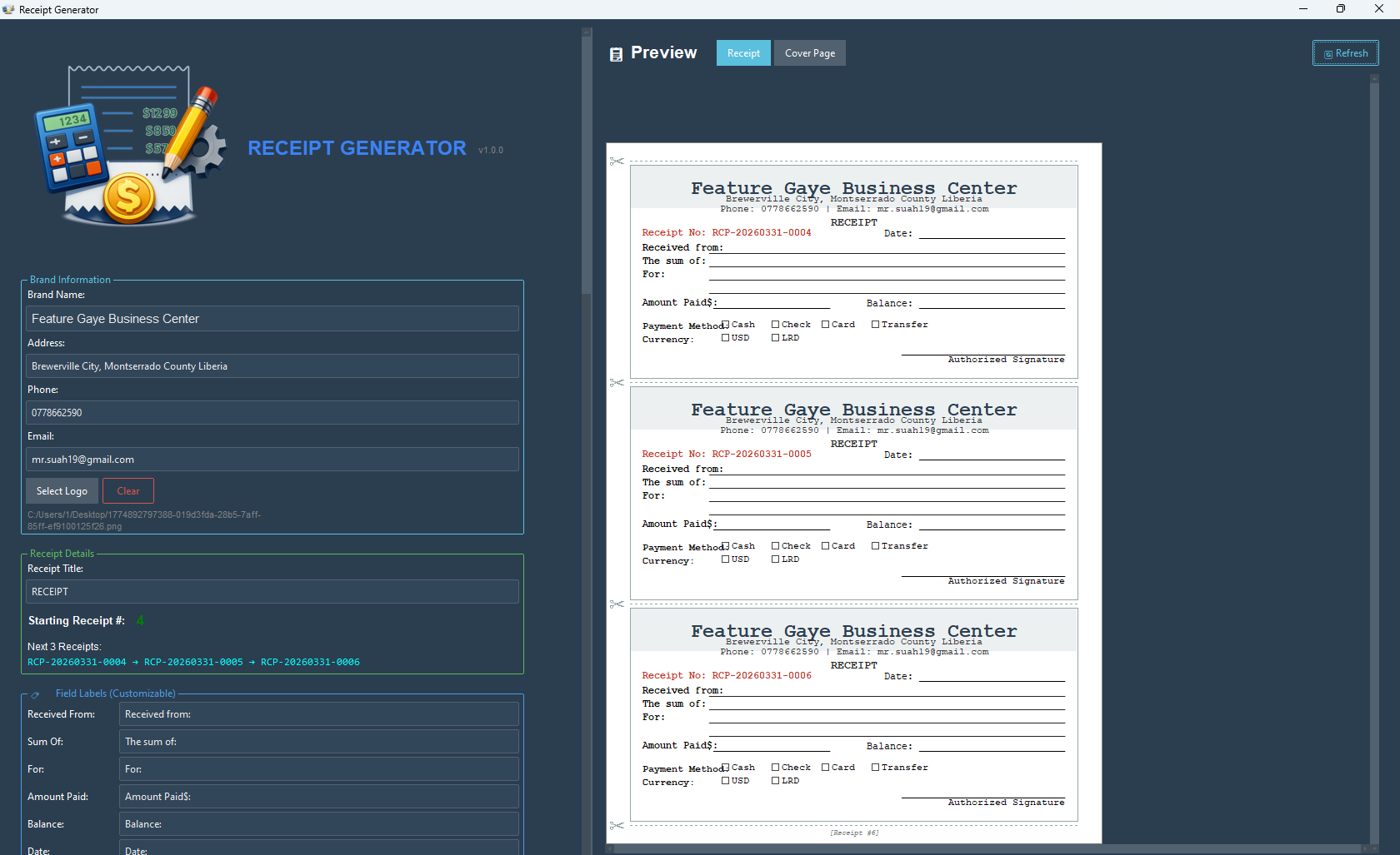 Receipt Generator App Interface